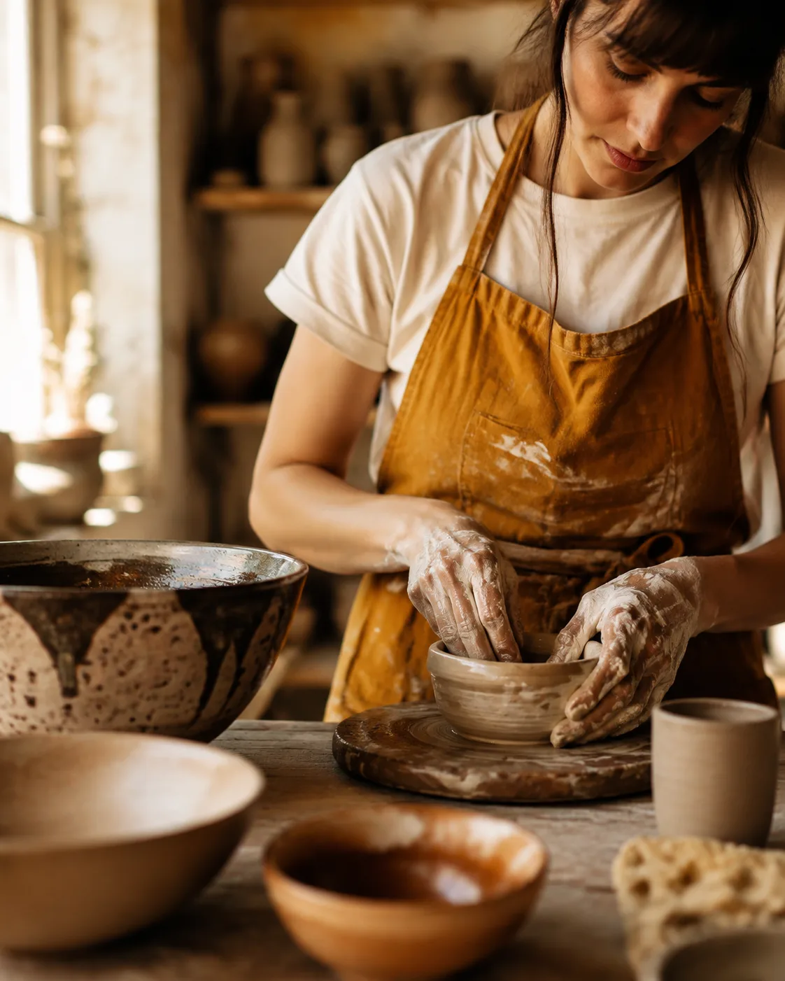 A ceramic artist enjoying time at her pottery workbench